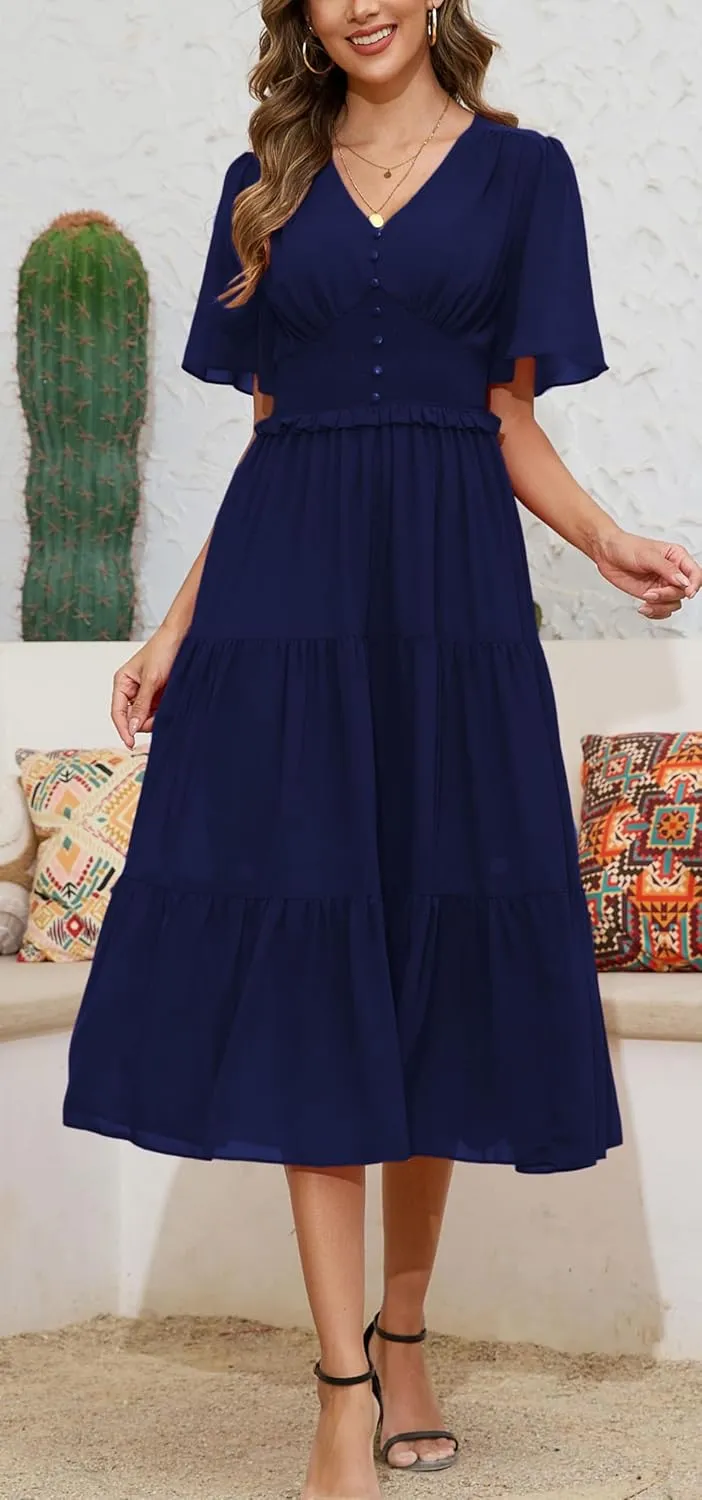Kormei Women's V Neck Short Sleeve Boho Smocked Long Flowy Summer Dress Wedding Guest Engagement Dresses