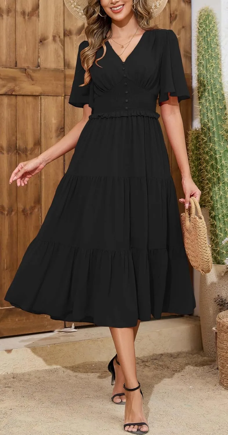 Kormei Women's V Neck Short Sleeve Boho Smocked Long Flowy Summer Dress Wedding Guest Engagement Dresses
