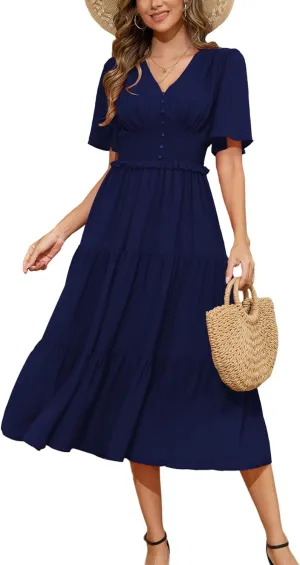 Kormei Women's V Neck Short Sleeve Boho Smocked Long Flowy Summer Dress Wedding Guest Engagement Dresses