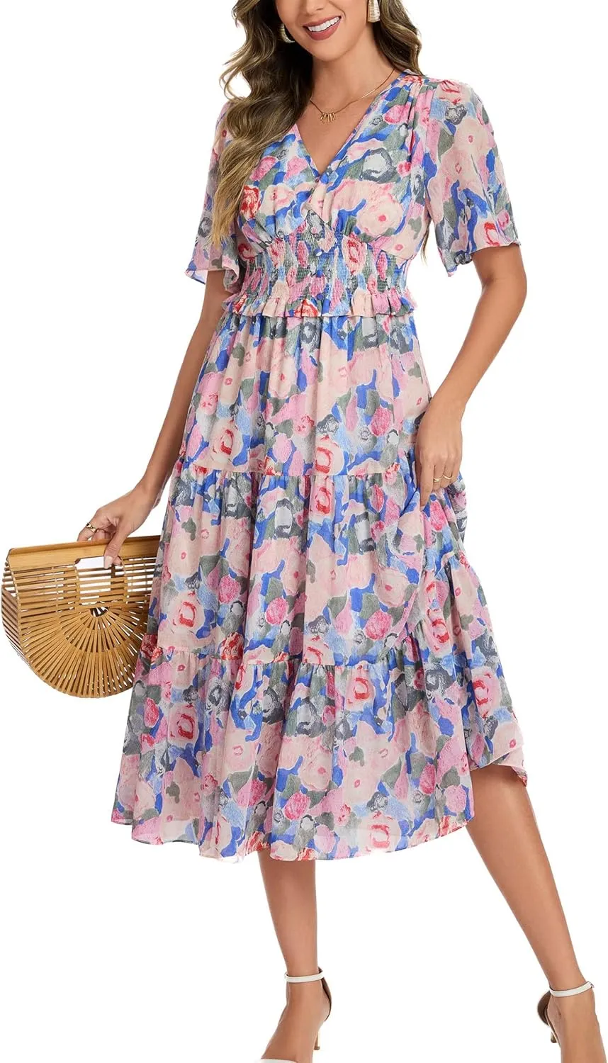 Kormei Women's V Neck Short Sleeve Boho Smocked Long Flowy Summer Dress Wedding Guest Engagement Dresses