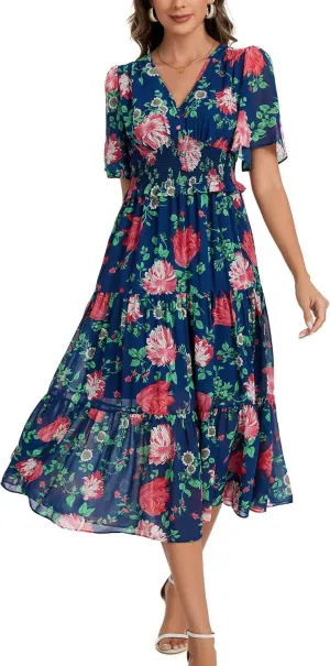 Kormei Women's V Neck Short Sleeve Boho Smocked Long Flowy Summer Dress Wedding Guest Engagement Dresses