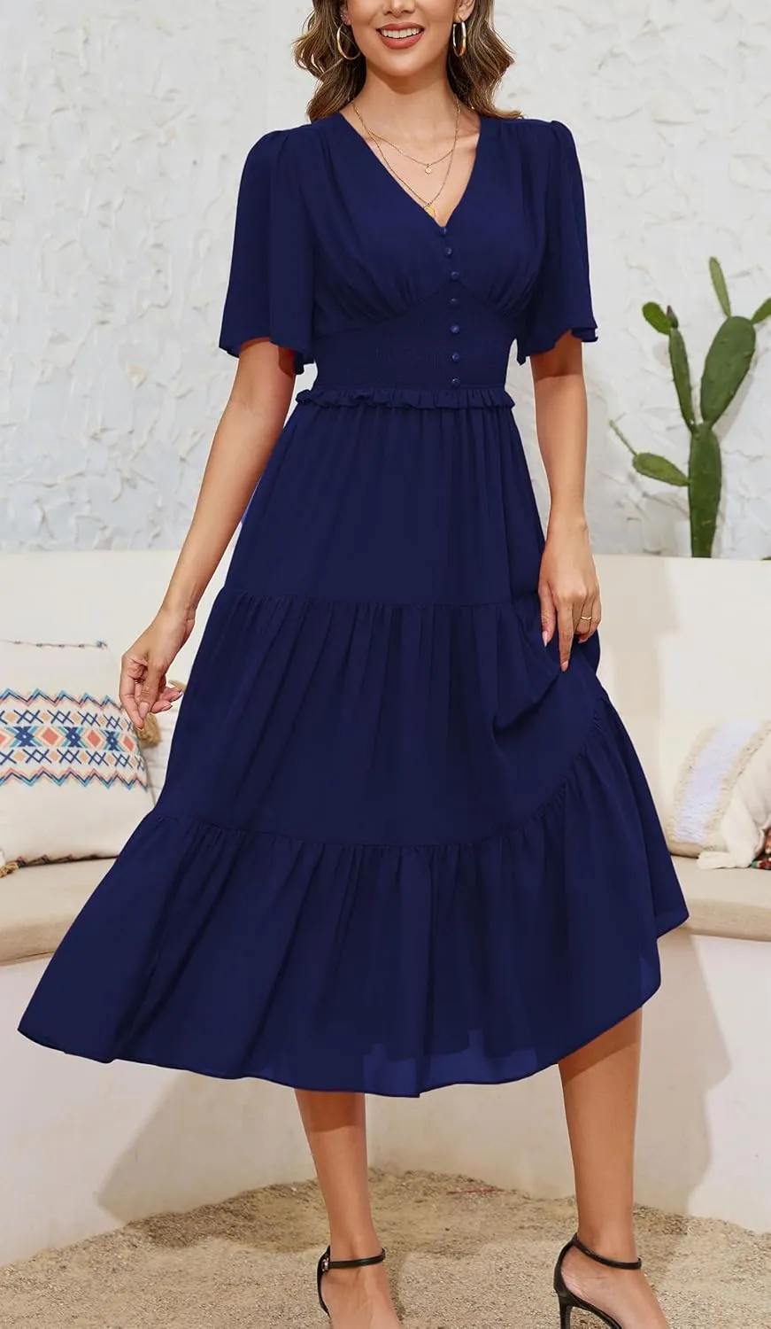 Kormei Women's V Neck Short Sleeve Boho Smocked Long Flowy Summer Dress Wedding Guest Engagement Dresses