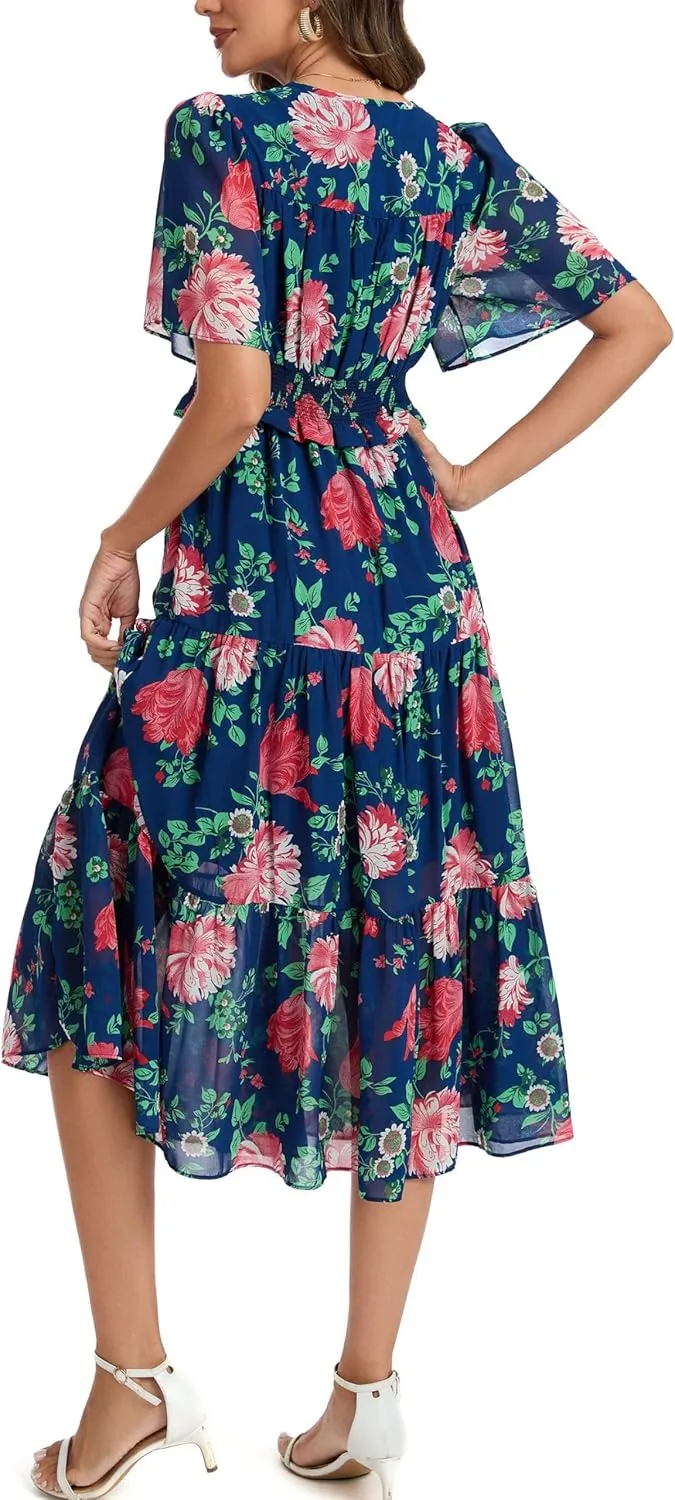 Kormei Women's V Neck Short Sleeve Boho Smocked Long Flowy Summer Dress Wedding Guest Engagement Dresses