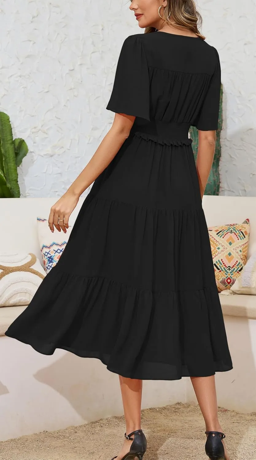 Kormei Women's V Neck Short Sleeve Boho Smocked Long Flowy Summer Dress Wedding Guest Engagement Dresses