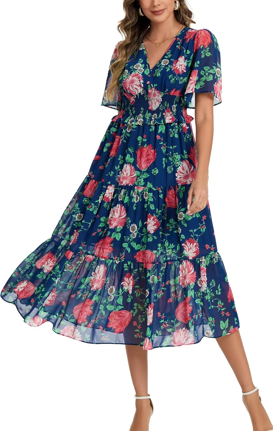 Kormei Women's V Neck Short Sleeve Boho Smocked Long Flowy Summer Dress Wedding Guest Engagement Dresses