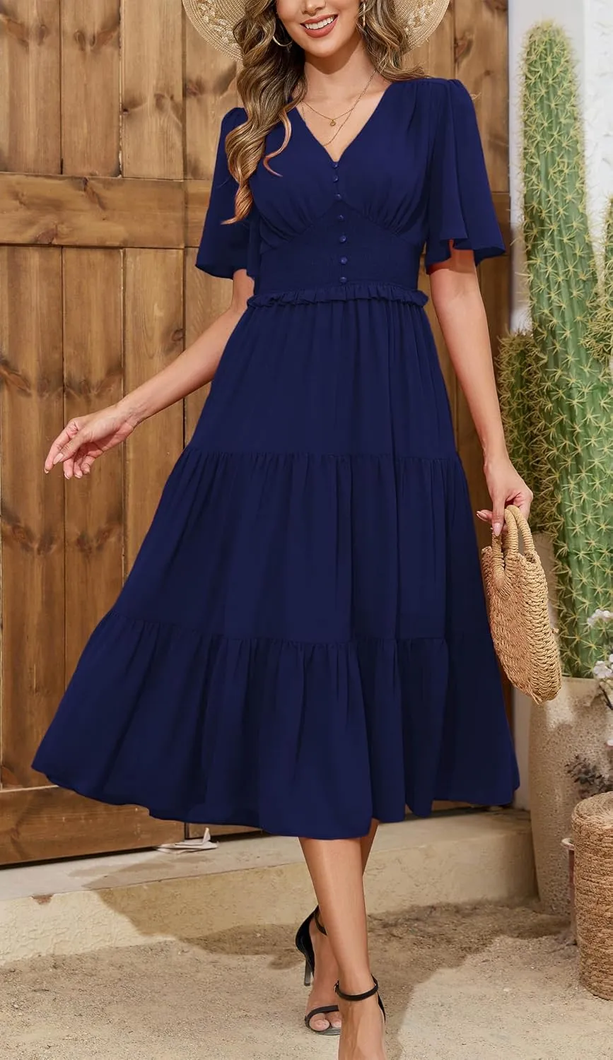 Kormei Women's V Neck Short Sleeve Boho Smocked Long Flowy Summer Dress Wedding Guest Engagement Dresses