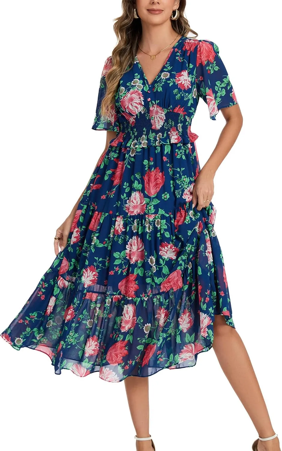 Kormei Women's V Neck Short Sleeve Boho Smocked Long Flowy Summer Dress Wedding Guest Engagement Dresses