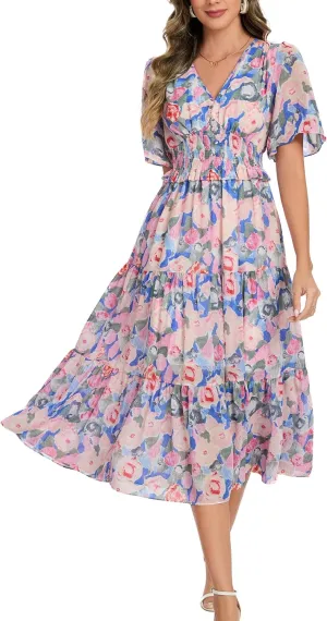 Kormei Women's V Neck Short Sleeve Boho Smocked Long Flowy Summer Dress Wedding Guest Engagement Dresses