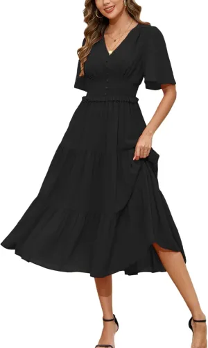 Kormei Women's V Neck Short Sleeve Boho Smocked Long Flowy Summer Dress Wedding Guest Engagement Dresses