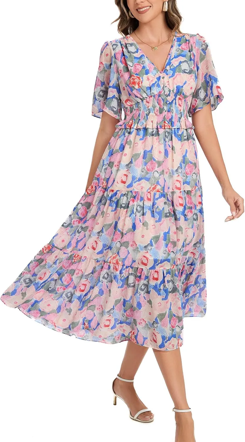 Kormei Women's V Neck Short Sleeve Boho Smocked Long Flowy Summer Dress Wedding Guest Engagement Dresses