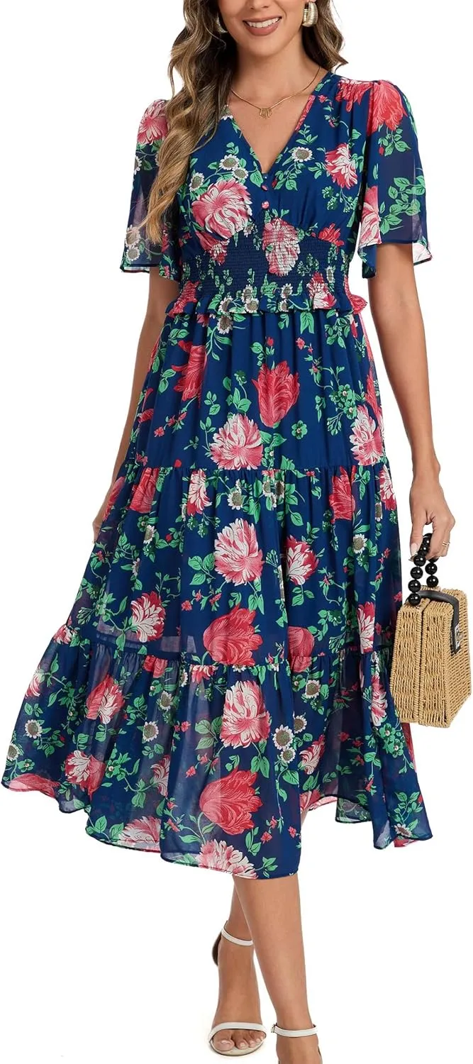 Kormei Women's V Neck Short Sleeve Boho Smocked Long Flowy Summer Dress Wedding Guest Engagement Dresses