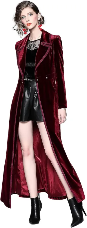LAI MENG FIVE CATS Women's Elegant Notched Lapel Velvet Maxi-Length Trench Coat with Pocket