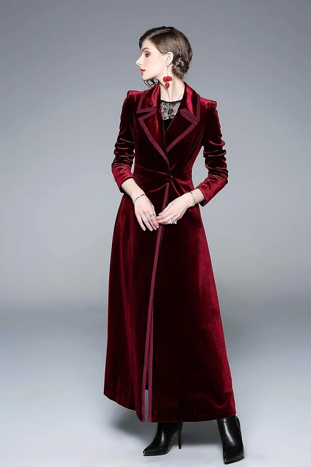 LAI MENG FIVE CATS Women's Elegant Notched Lapel Velvet Maxi-Length Trench Coat with Pocket