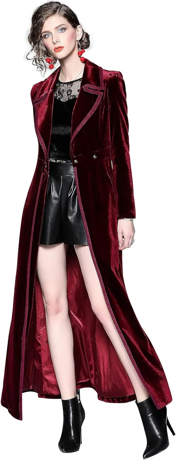 LAI MENG FIVE CATS Women's Elegant Notched Lapel Velvet Maxi-Length Trench Coat with Pocket