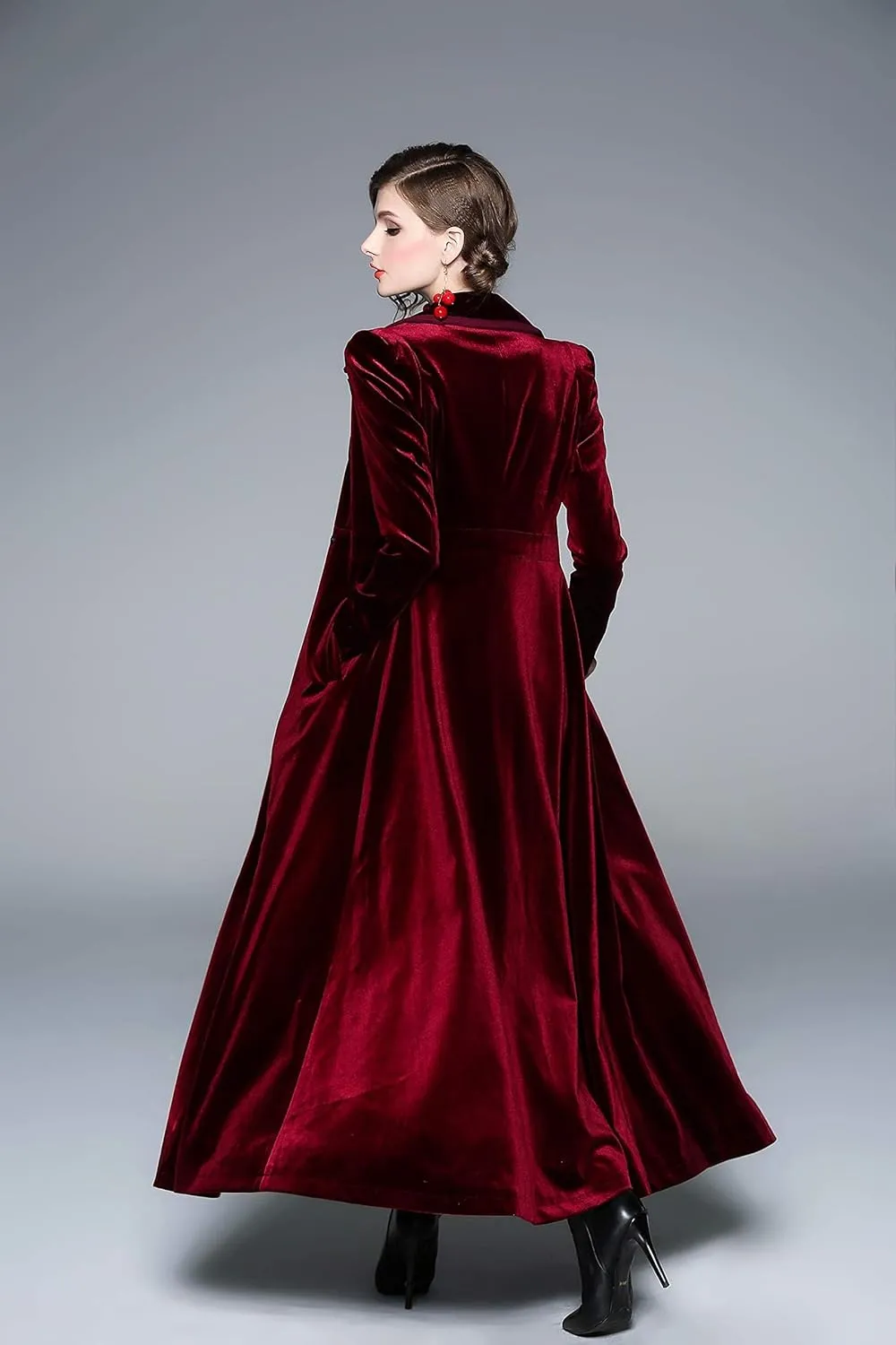 LAI MENG FIVE CATS Women's Elegant Notched Lapel Velvet Maxi-Length Trench Coat with Pocket