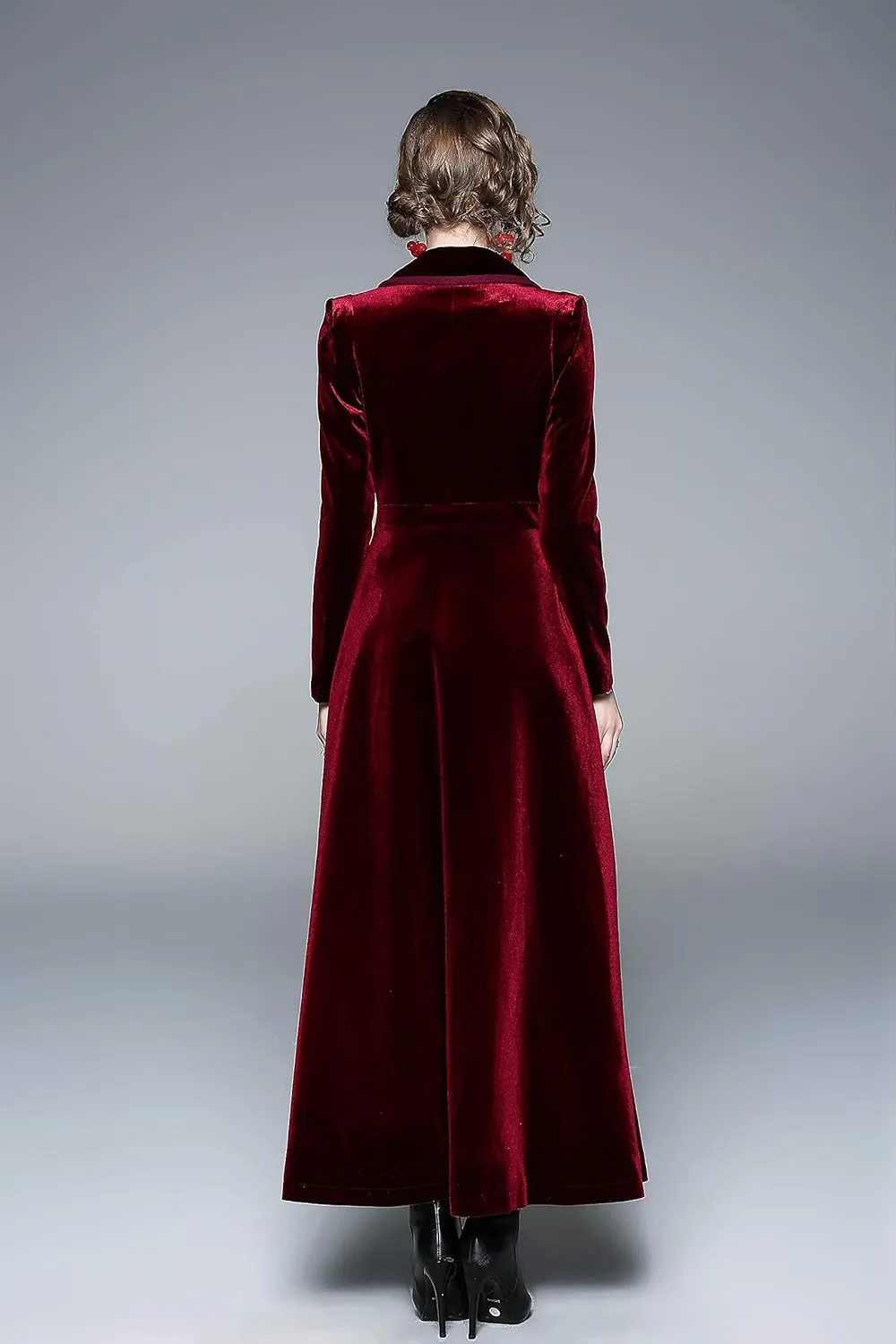 LAI MENG FIVE CATS Women's Elegant Notched Lapel Velvet Maxi-Length Trench Coat with Pocket
