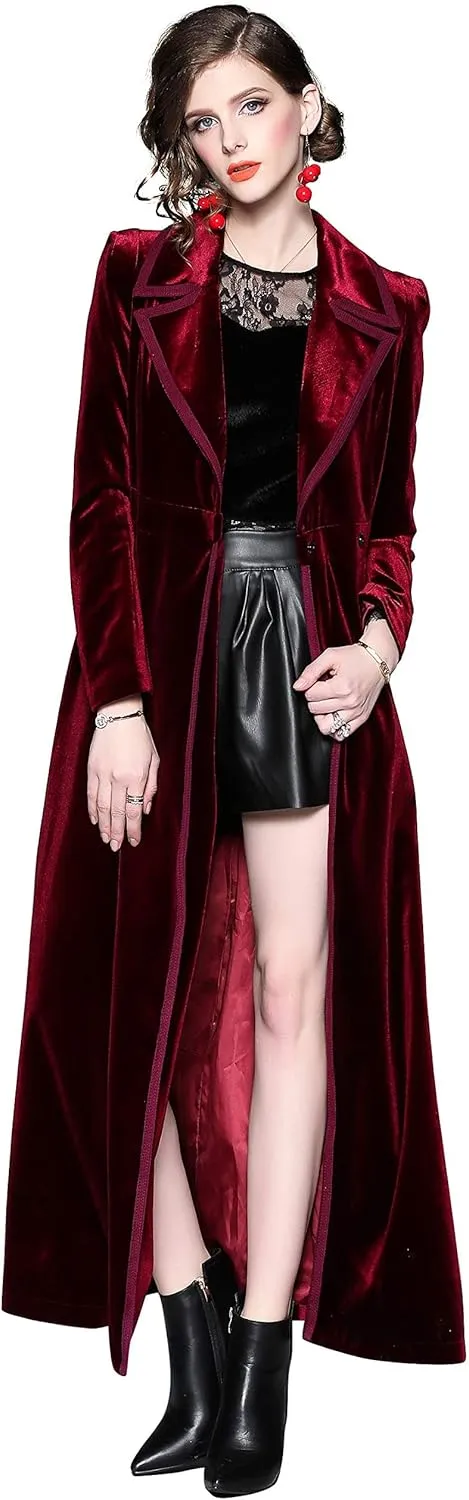LAI MENG FIVE CATS Women's Elegant Notched Lapel Velvet Maxi-Length Trench Coat with Pocket