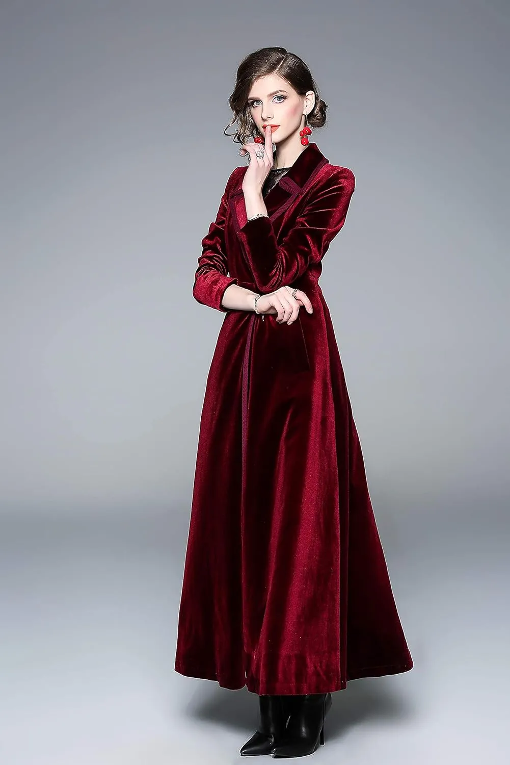 LAI MENG FIVE CATS Women's Elegant Notched Lapel Velvet Maxi-Length Trench Coat with Pocket