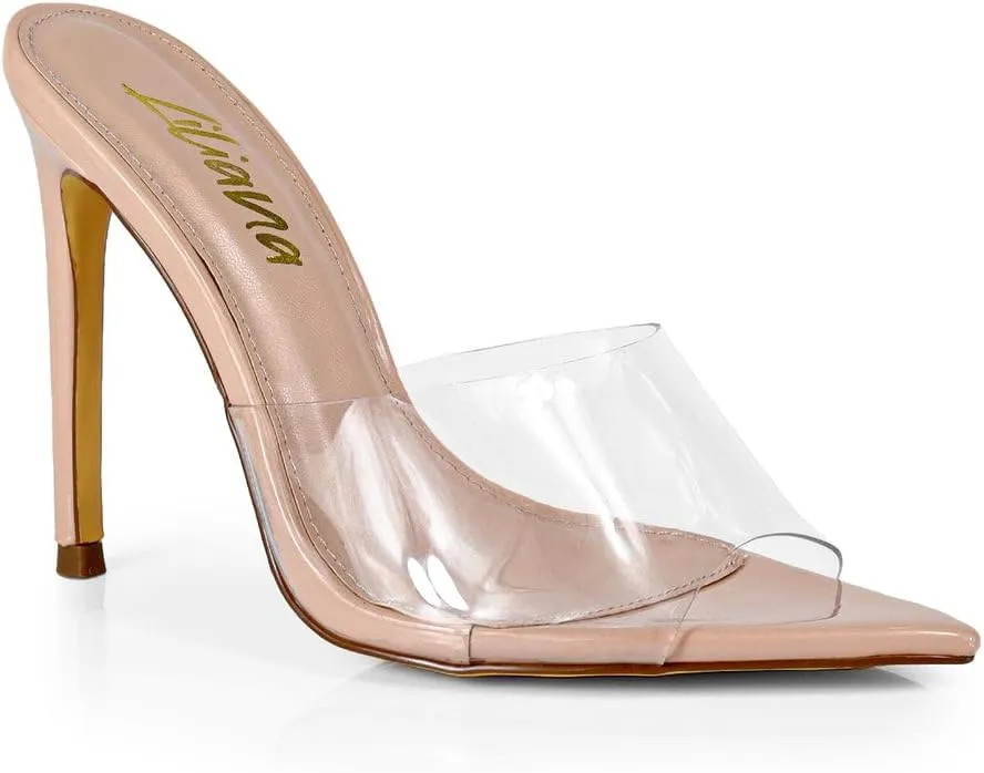 Liliana Women Clear Pointed Toe Sandals Stiletto Heels Slip on Mules Sandals