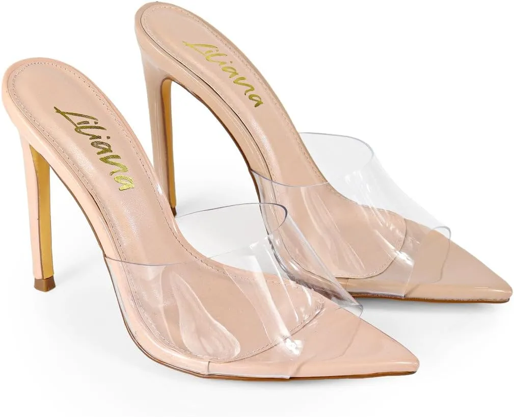 Liliana Women Clear Pointed Toe Sandals Stiletto Heels Slip on Mules Sandals