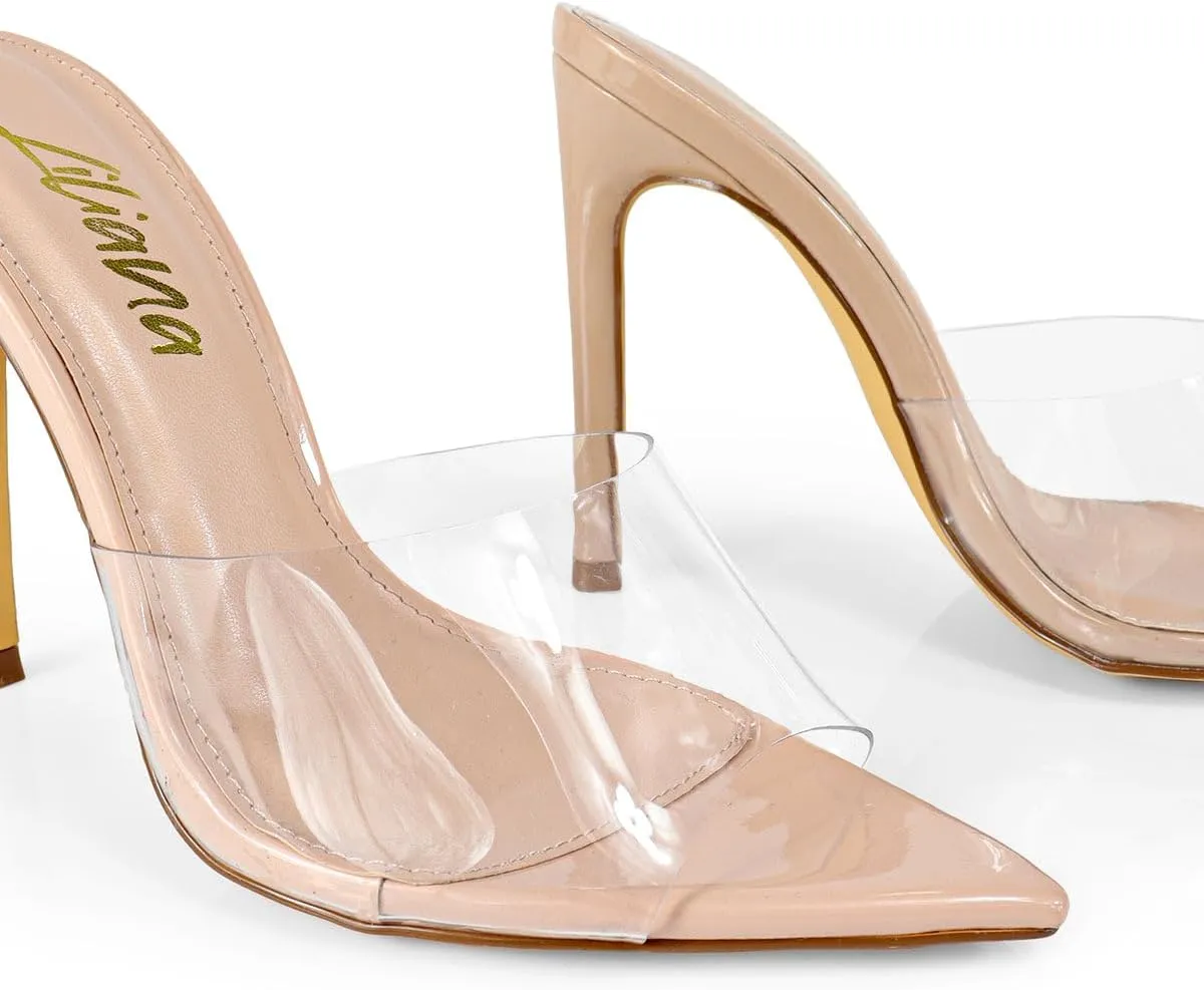 Liliana Women Clear Pointed Toe Sandals Stiletto Heels Slip on Mules Sandals