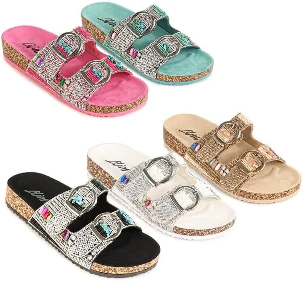 Liliana Women's Monecca-1 Rhinestone Beaded Accents Double Strap & Buckle Footbed Slip On Slides Sandals
