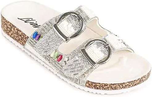 Liliana Women's Monecca-1 Rhinestone Beaded Accents Double Strap & Buckle Footbed Slip On Slides Sandals