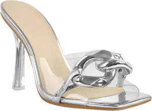 LISHAN Women's Square Open Toe PVC Strap Slip On High Heel Sandals