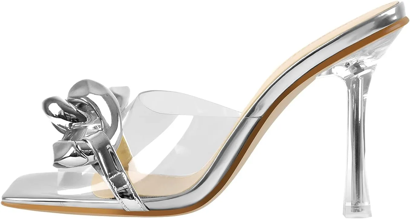 LISHAN Women's Square Open Toe PVC Strap Slip On High Heel Sandals