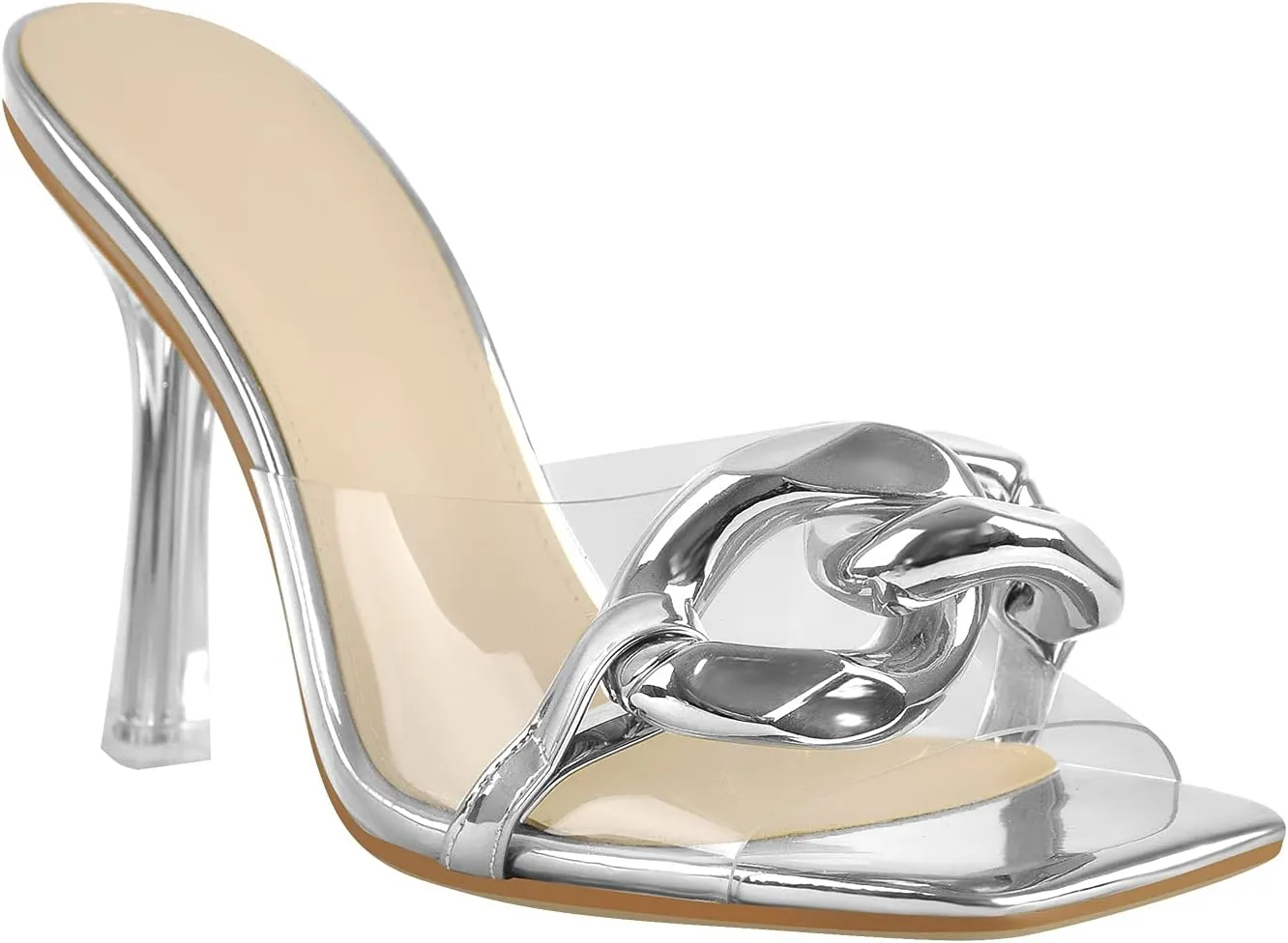 LISHAN Women's Square Open Toe PVC Strap Slip On High Heel Sandals