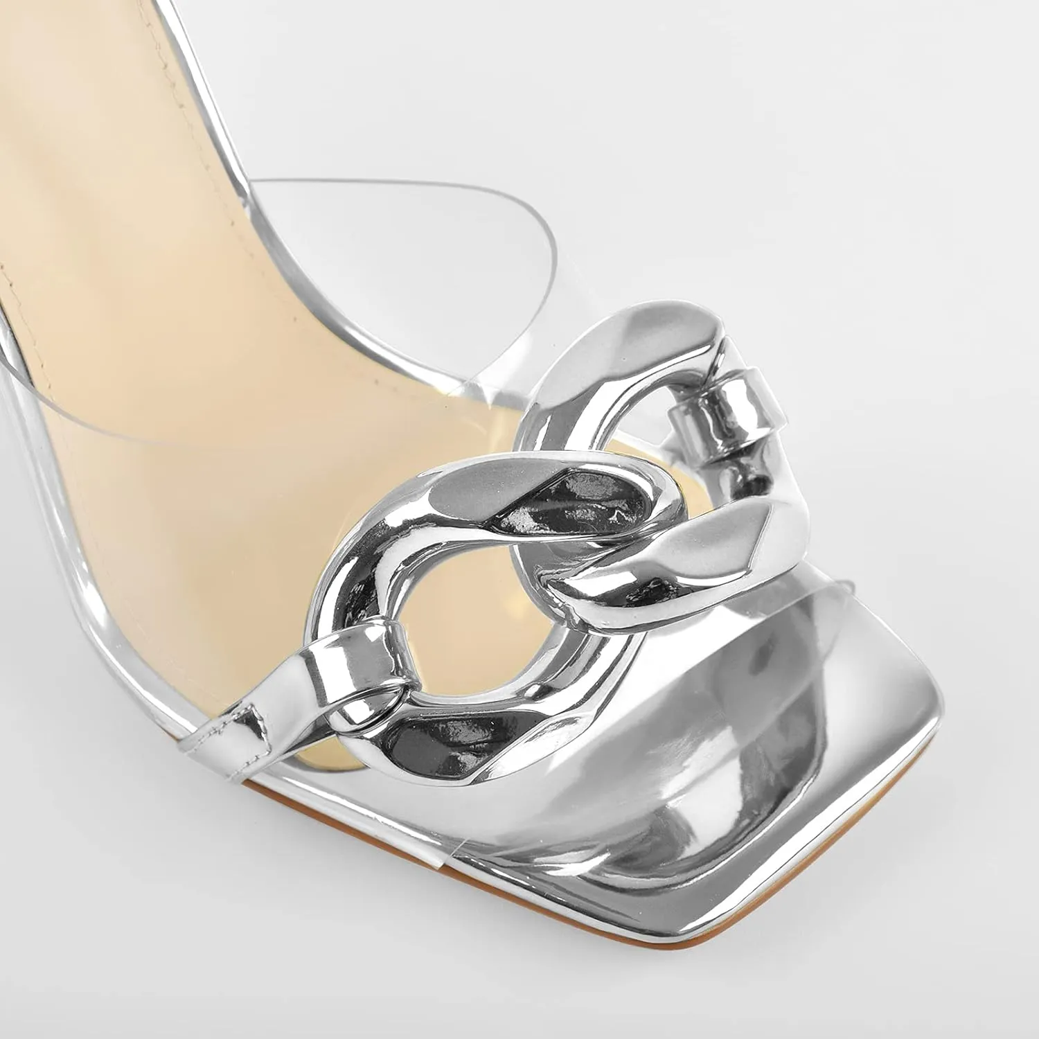 LISHAN Women's Square Open Toe PVC Strap Slip On High Heel Sandals