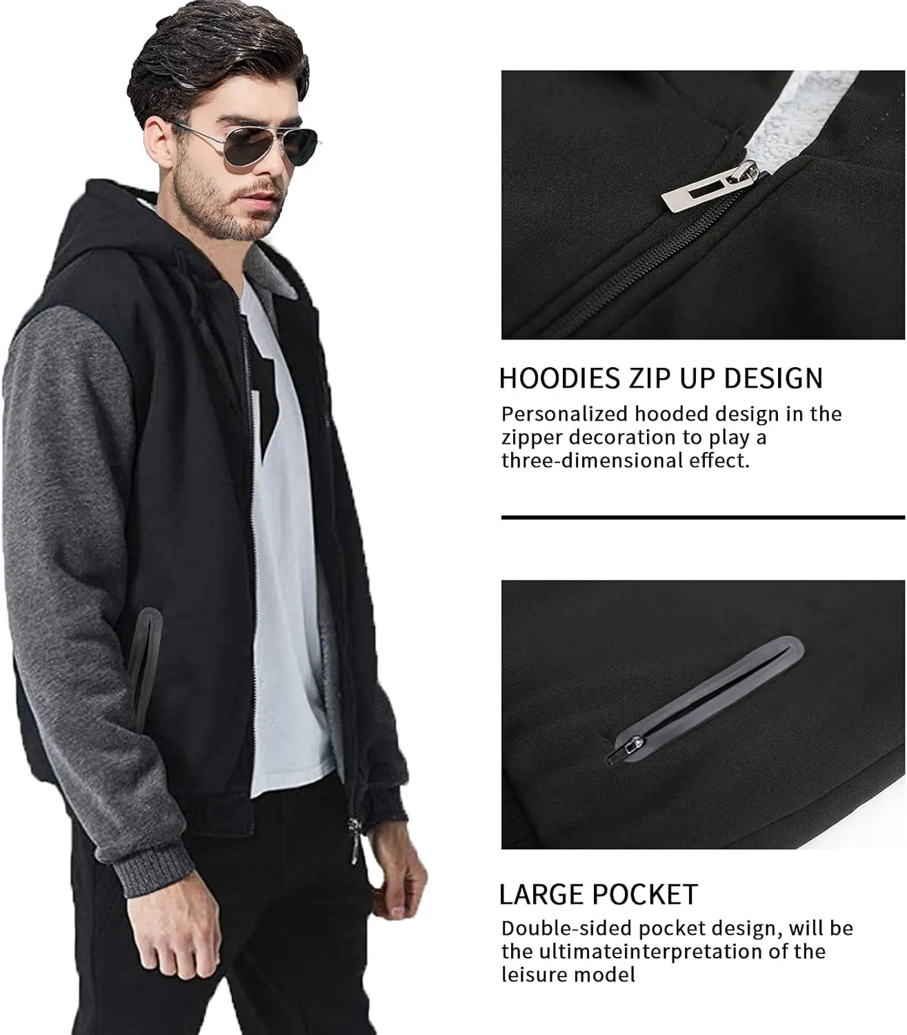 Little Beauty Hoodies for Men Zipper Jacket Fleece Sherpa Lined Winter Wool Heavyweight Sweashirts