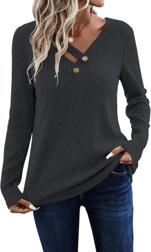 LOLONG Womens Long Sleeve V Neck T Shirts 2025 Casual Basic Ribbed Knit Work Tops