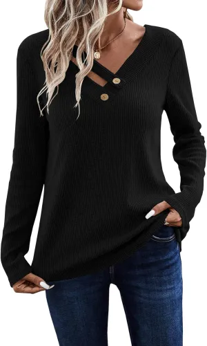 LOLONG Womens Long Sleeve V Neck T Shirts 2025 Casual Basic Ribbed Knit Work Tops