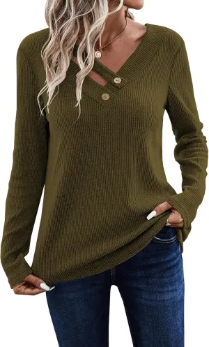 LOLONG Womens Long Sleeve V Neck T Shirts 2025 Casual Basic Ribbed Knit Work Tops
