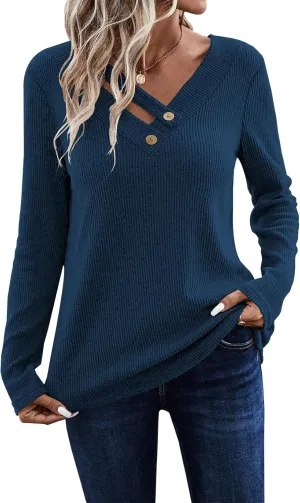 LOLONG Womens Long Sleeve V Neck T Shirts 2025 Casual Basic Ribbed Knit Work Tops