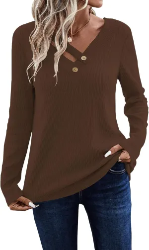 LOLONG Womens Long Sleeve V Neck T Shirts 2025 Casual Basic Ribbed Knit Work Tops