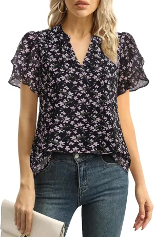 Lotusmile Womens Dressy Chiffon Blouses Summer Puff Petal Short Sleeve Shirts V Neck Casual Work Tops