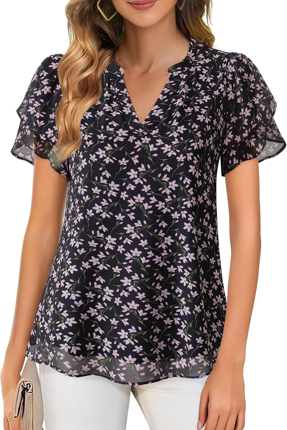 Lotusmile Womens Dressy Chiffon Blouses Summer Puff Petal Short Sleeve Shirts V Neck Casual Work Tops