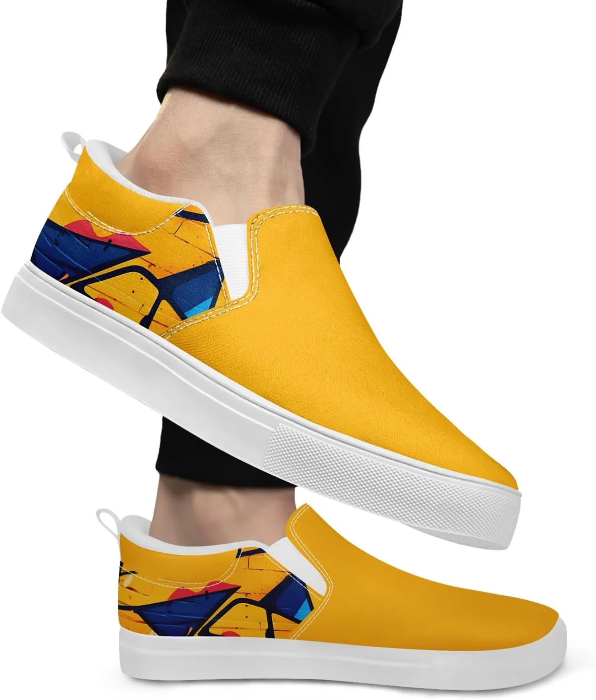 Low-top Slip-On Sneakers for Men, Women's Comfortable Flat Canvas Shoes Casual Loafers with Graffiti Style Design