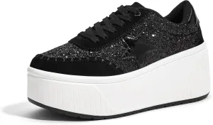 LUCKY STEP Women's Platform Chunky Sneakers Fashion Star Glitter Sparkly Wedge Walking Shoes High Heel Casual Shiny Thick Sole Footwear