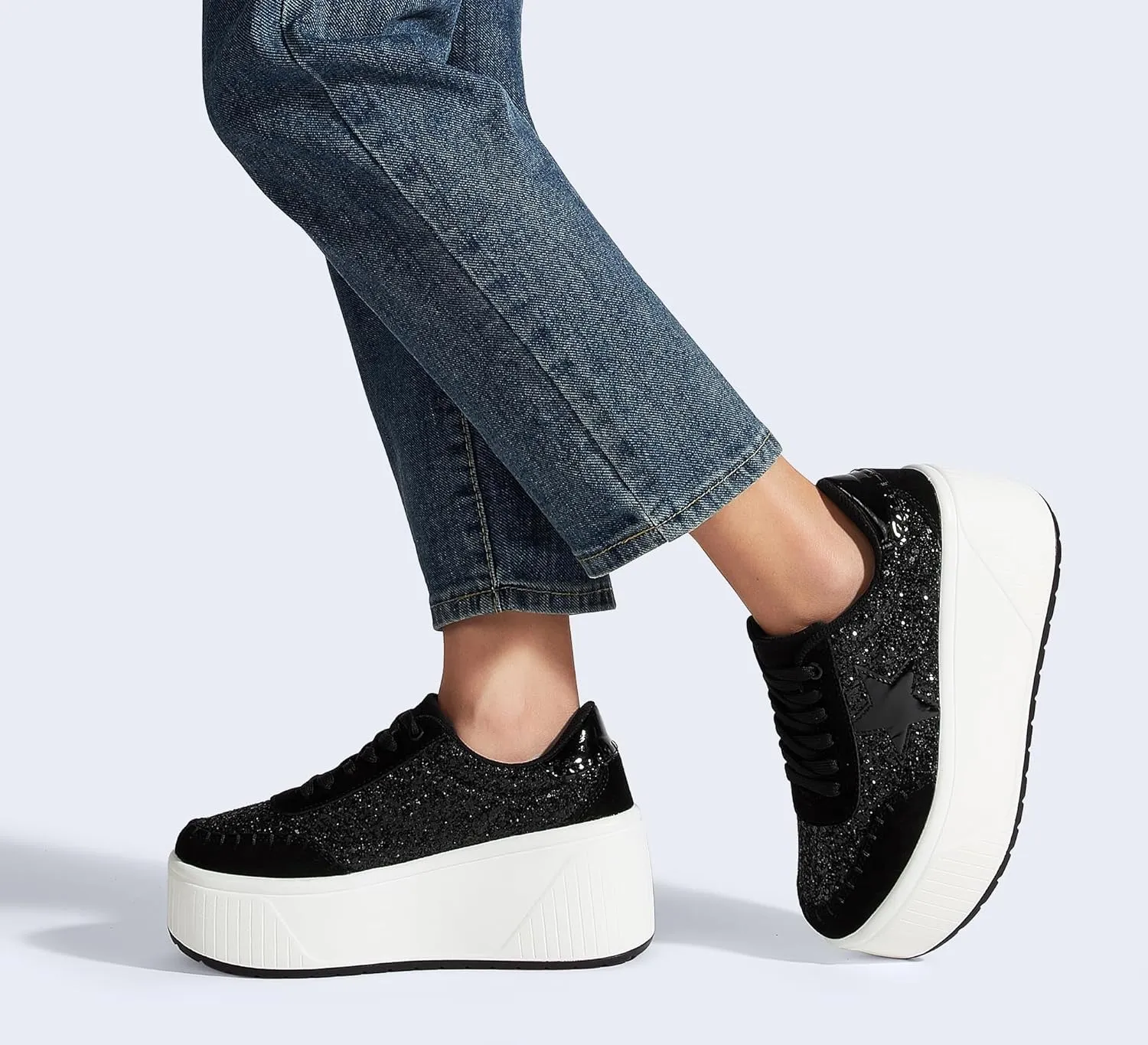 LUCKY STEP Women's Platform Chunky Sneakers Fashion Star Glitter Sparkly Wedge Walking Shoes High Heel Casual Shiny Thick Sole Footwear