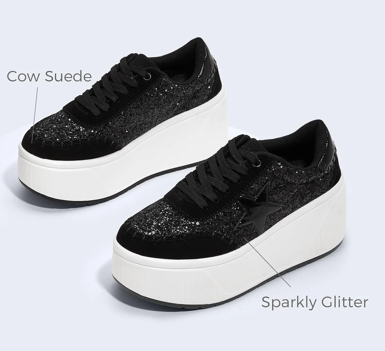 LUCKY STEP Women's Platform Chunky Sneakers Fashion Star Glitter Sparkly Wedge Walking Shoes High Heel Casual Shiny Thick Sole Footwear