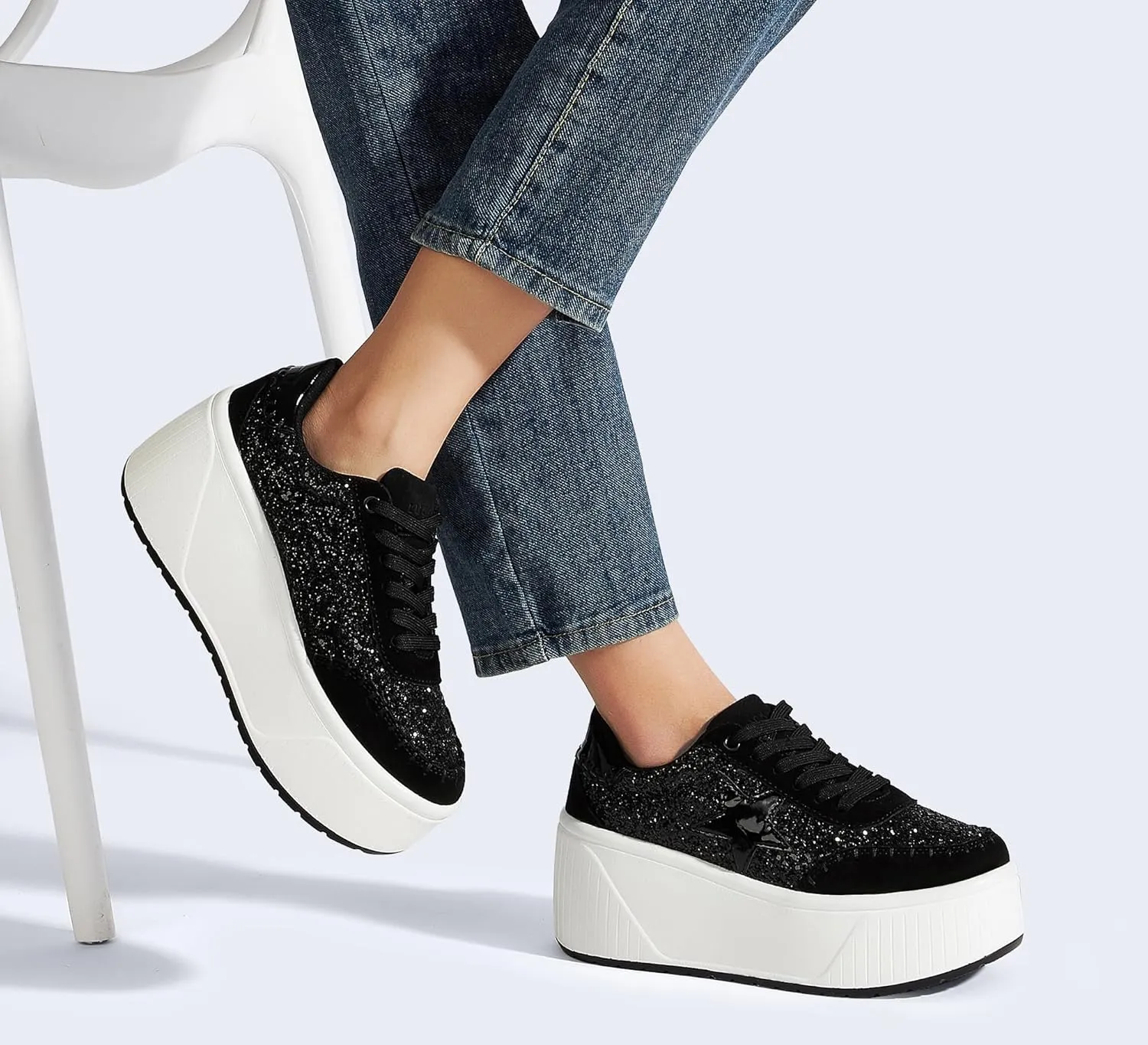 LUCKY STEP Women's Platform Chunky Sneakers Fashion Star Glitter Sparkly Wedge Walking Shoes High Heel Casual Shiny Thick Sole Footwear