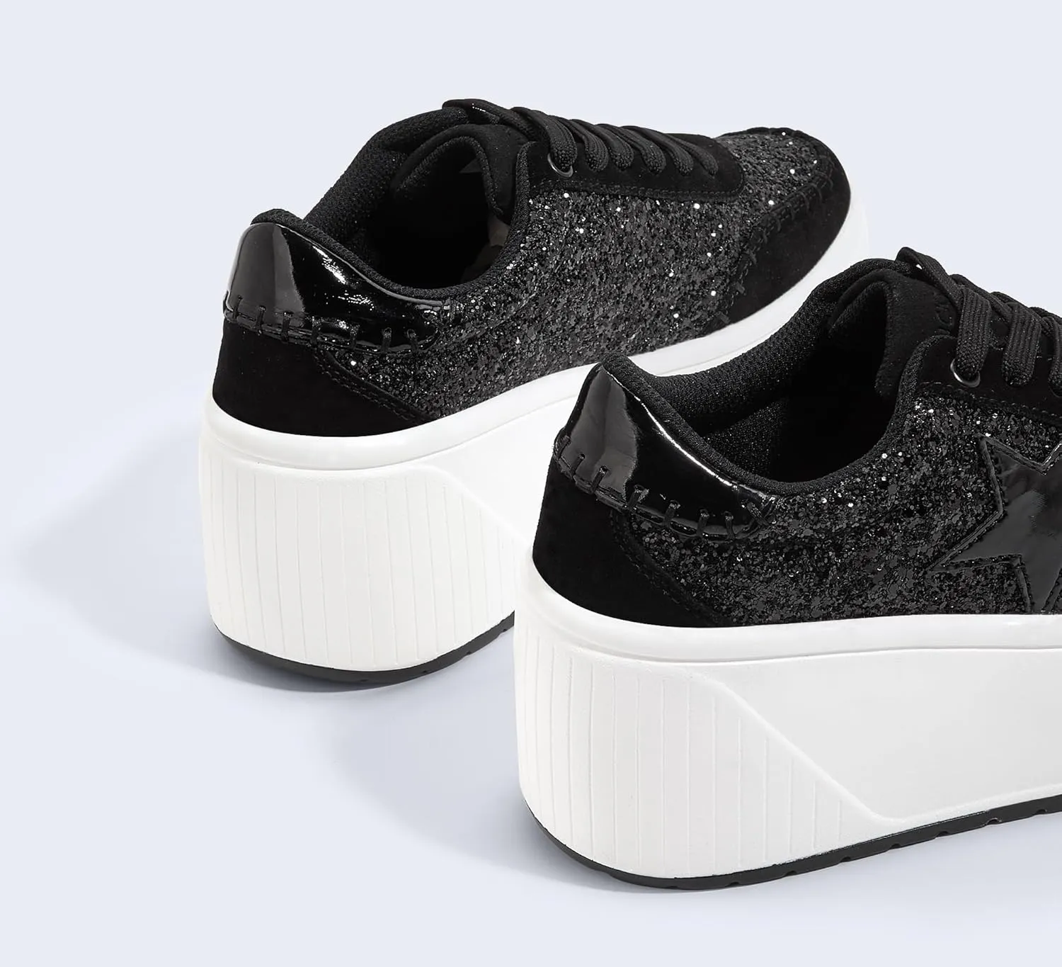 LUCKY STEP Women's Platform Chunky Sneakers Fashion Star Glitter Sparkly Wedge Walking Shoes High Heel Casual Shiny Thick Sole Footwear