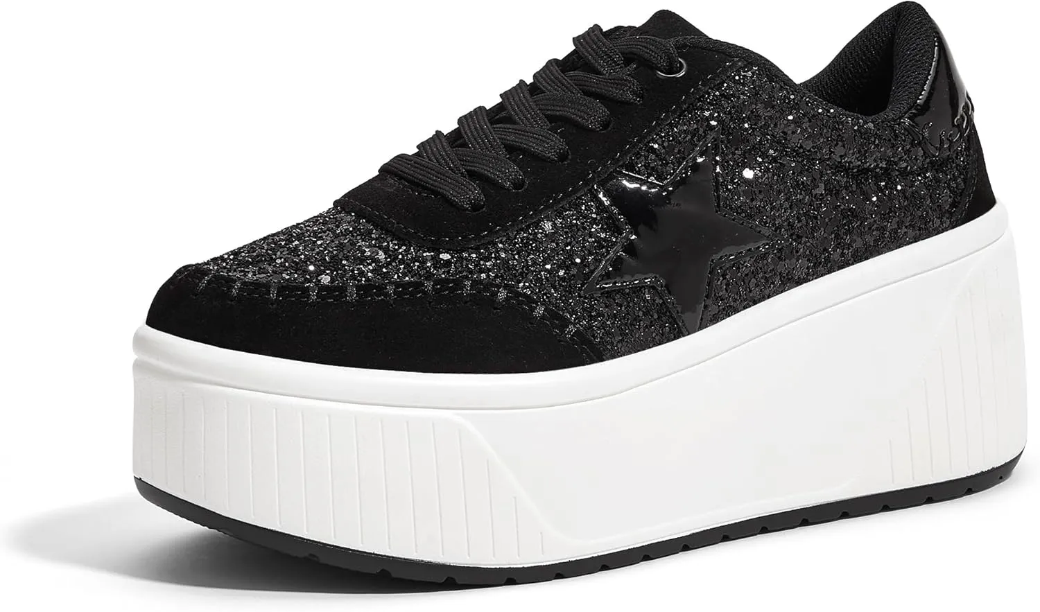 LUCKY STEP Women's Platform Chunky Sneakers Fashion Star Glitter Sparkly Wedge Walking Shoes High Heel Casual Shiny Thick Sole Footwear