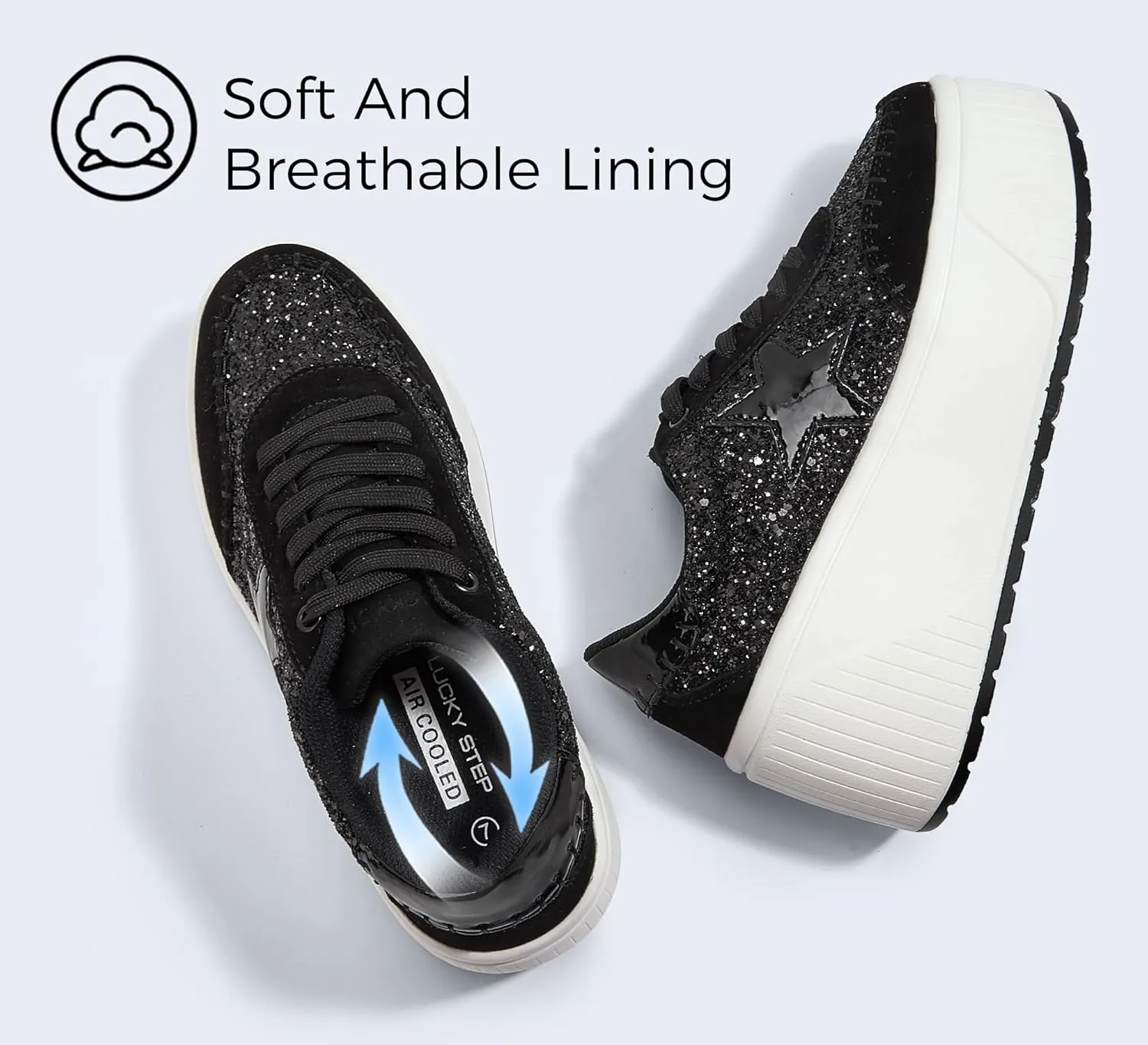 LUCKY STEP Women's Platform Chunky Sneakers Fashion Star Glitter Sparkly Wedge Walking Shoes High Heel Casual Shiny Thick Sole Footwear