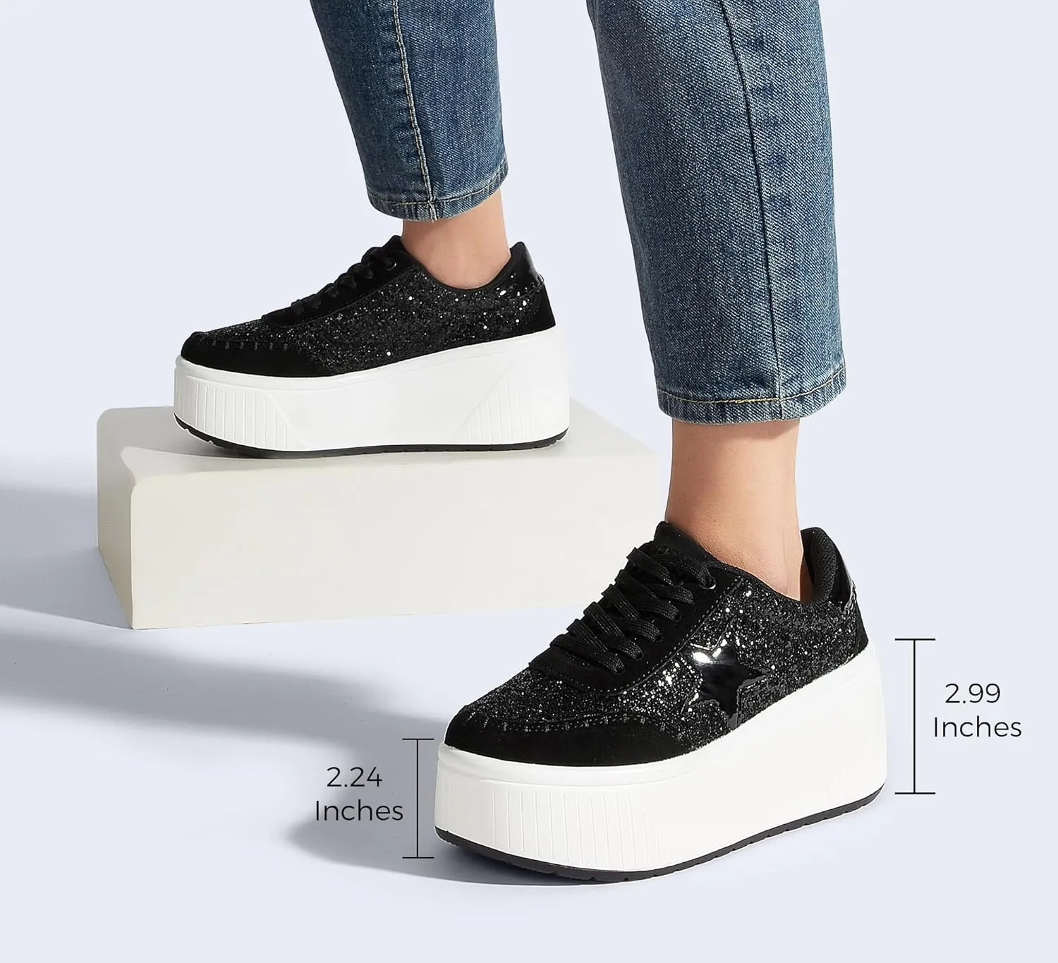 LUCKY STEP Women's Platform Chunky Sneakers Fashion Star Glitter Sparkly Wedge Walking Shoes High Heel Casual Shiny Thick Sole Footwear