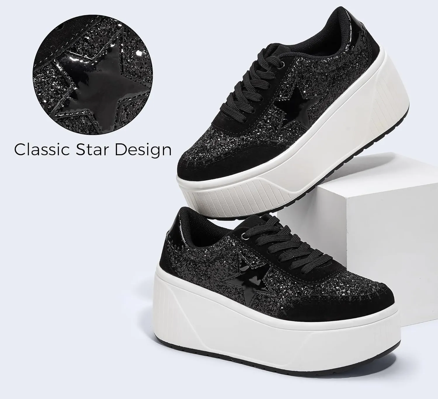 LUCKY STEP Women's Platform Chunky Sneakers Fashion Star Glitter Sparkly Wedge Walking Shoes High Heel Casual Shiny Thick Sole Footwear