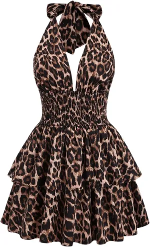 MakeMeChic Women's Leopard Print Halter Dress Tie Backless Tiered Ruffle Shirred Y2k Mini Dresses